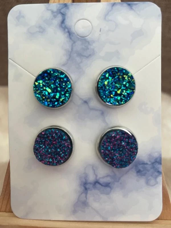 Lot de 2 paires de boucles d’oreilles style druzy bleu et violet